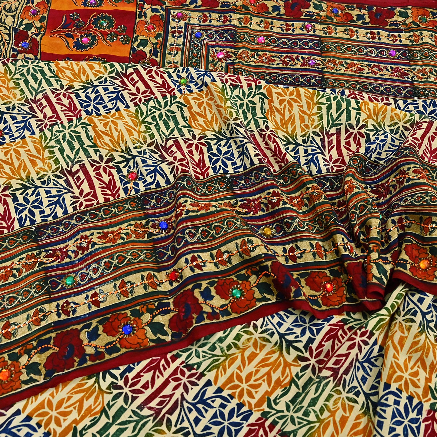 Indian Vintage Sari Multi & Beige Pure Crepe Silk Hand Embroidered Saree 5yd Sewing Floral Craft Sequins Dress making Crafting Quilting