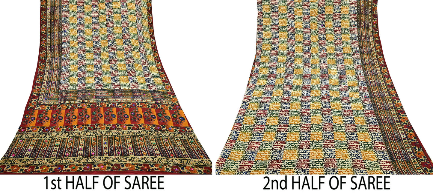 Indian Vintage Sari Multi & Beige Pure Crepe Silk Hand Embroidered Saree 5yd Sewing Floral Craft Sequins Dress making Crafting Quilting