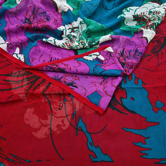 Indian Vintage Saree Red & Blue 100% Pure Georgette Silk Printed Sari Sewing 5yd Craft Fabric Soft Floral Dress Designing for Crafting