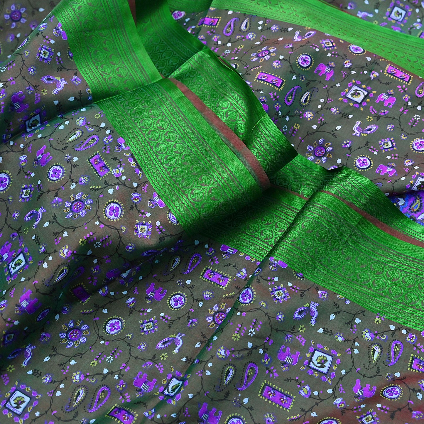 Indian Vintage Sari Green 100% Pure Silk Printed Sarees 6yd Sewing Craft Fabric Dress Making Soft Woven Border Upcycle Quilting