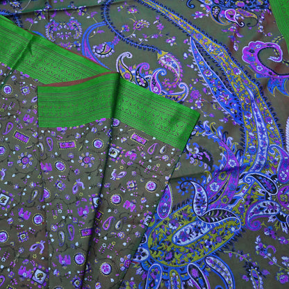 Indian Vintage Sari Green 100% Pure Silk Printed Sarees 6yd Sewing Craft Fabric Dress Making Soft Woven Border Upcycle Quilting