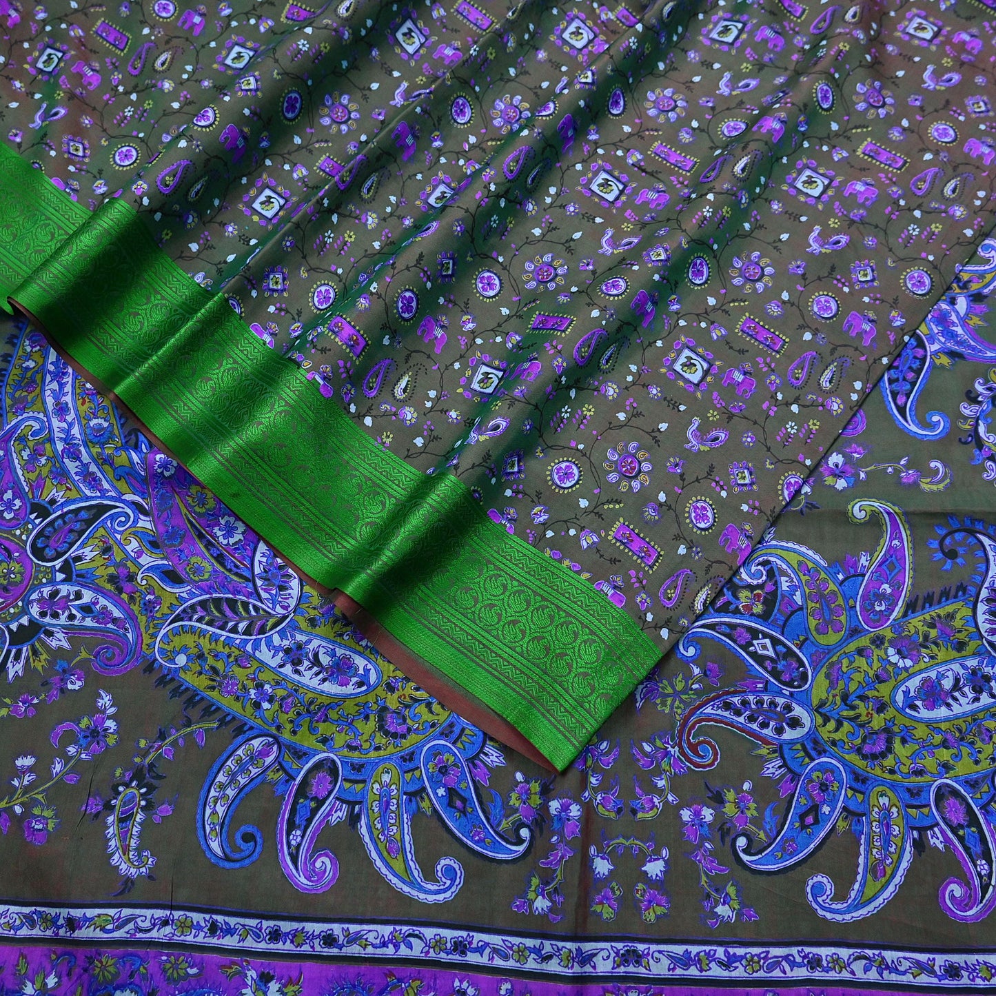 Indian Vintage Sari Green 100% Pure Silk Printed Sarees 6yd Sewing Craft Fabric Dress Making Soft Woven Border Upcycle Quilting