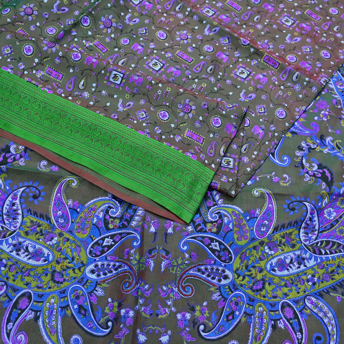 Indian Vintage Sari Green 100% Pure Silk Printed Sarees 6yd Sewing Craft Fabric Dress Making Soft Woven Border Upcycle Quilting