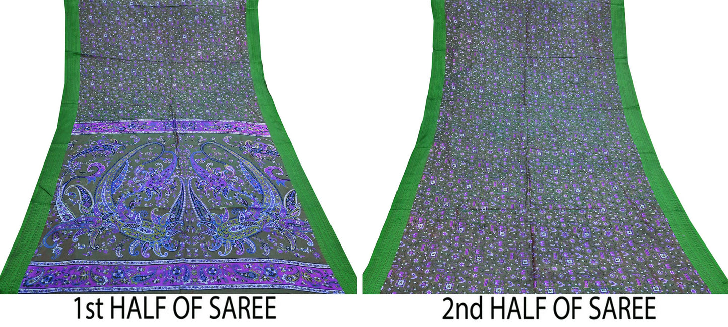 Indian Vintage Sari Green 100% Pure Silk Printed Sarees 6yd Sewing Craft Fabric Dress Making Soft Woven Border Upcycle Quilting