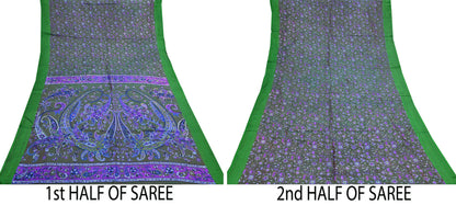 Indian Vintage Sari Green 100% Pure Silk Printed Sarees 6yd Sewing Craft Fabric Dress Making Soft Woven Border Upcycle Quilting