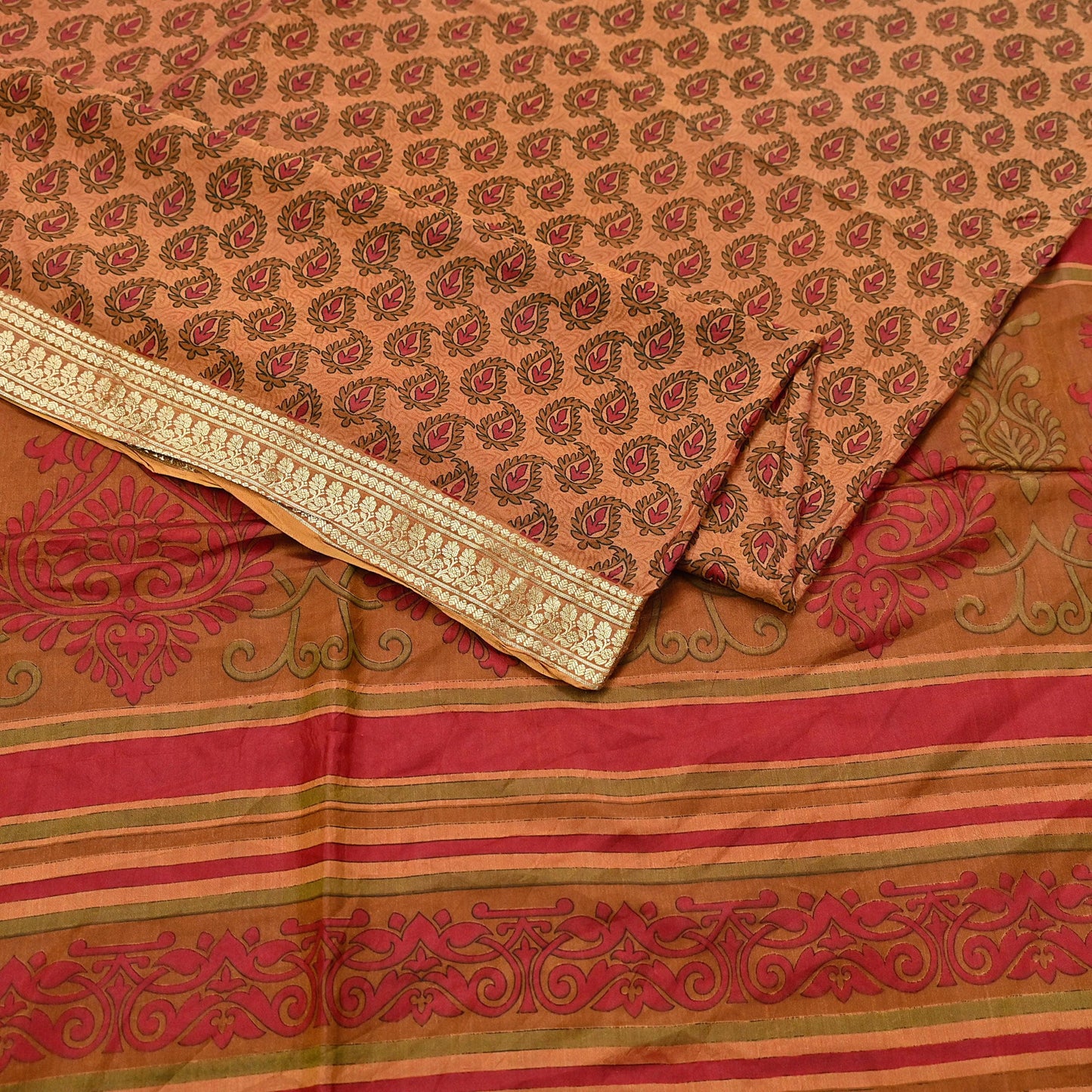 Indian Vintage Sari Red & Saffron 100% Pure Silk Printed Saree Craft Fabric 6yd Sewing Dress Making Soft Wrap Quilting Crafting Upcycle