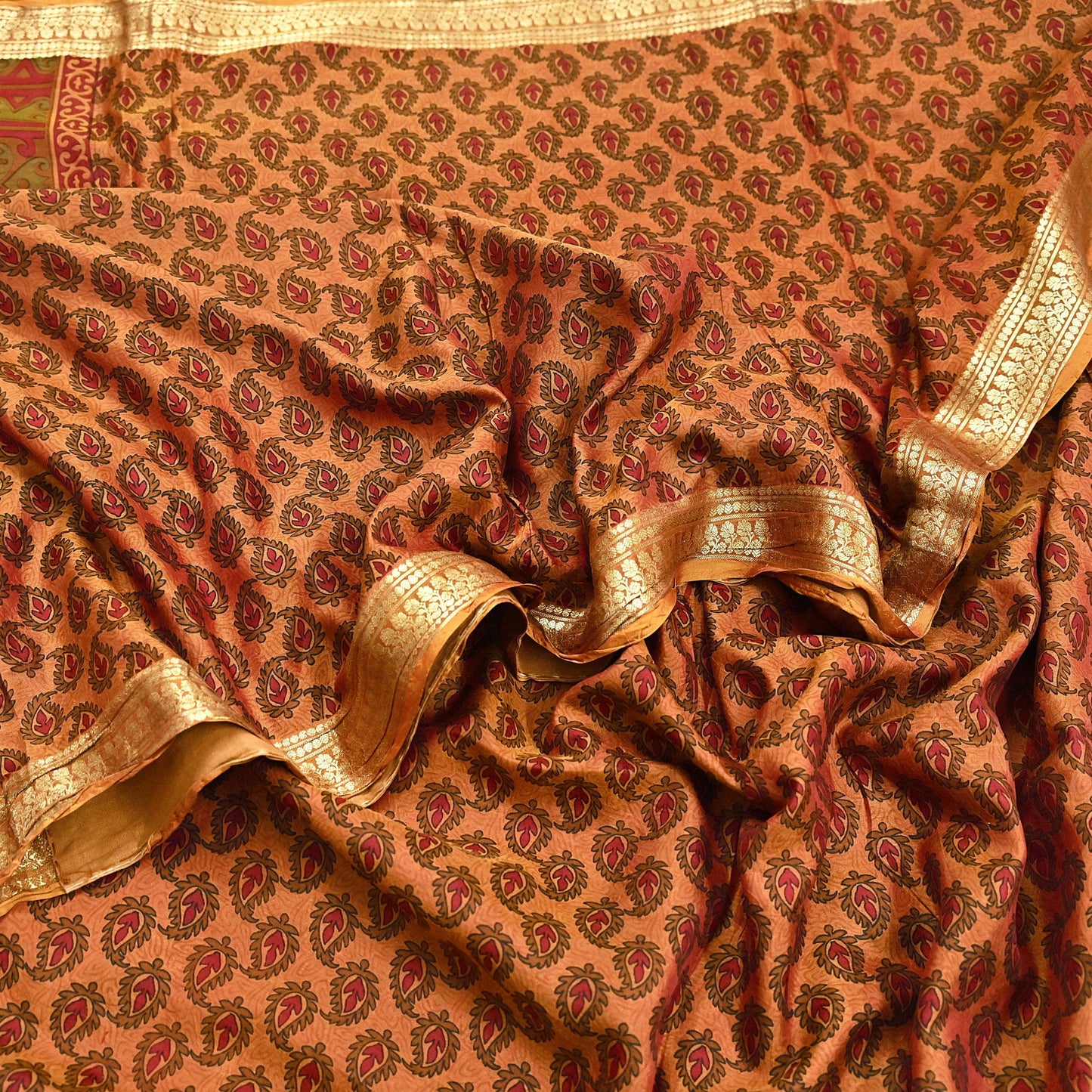 Indian Vintage Sari Red & Saffron 100% Pure Silk Printed Saree Craft Fabric 6yd Sewing Dress Making Soft Wrap Quilting Crafting Upcycle