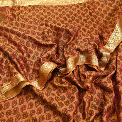 Indian Vintage Sari Red & Saffron 100% Pure Silk Printed Saree Craft Fabric 6yd Sewing Dress Making Soft Wrap Quilting Crafting Upcycle