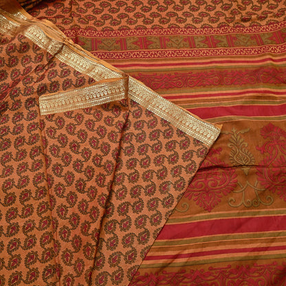 Indian Vintage Sari Red & Saffron 100% Pure Silk Printed Saree Craft Fabric 6yd Sewing Dress Making Soft Wrap Quilting Crafting Upcycle