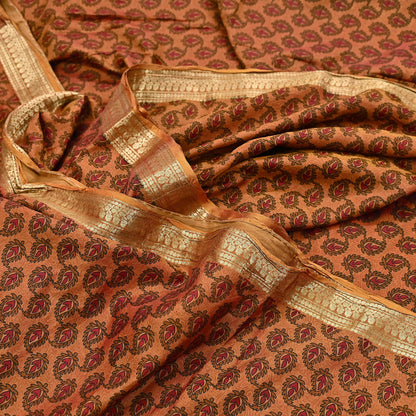 Indian Vintage Sari Red & Saffron 100% Pure Silk Printed Saree Craft Fabric 6yd Sewing Dress Making Soft Wrap Quilting Crafting Upcycle