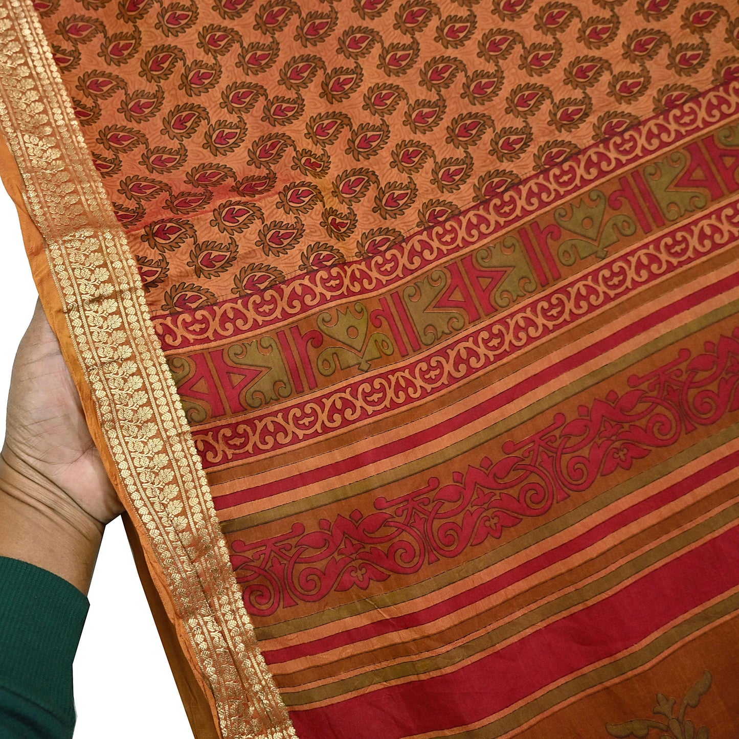 Indian Vintage Sari Red & Saffron 100% Pure Silk Printed Saree Craft Fabric 6yd Sewing Dress Making Soft Wrap Quilting Crafting Upcycle