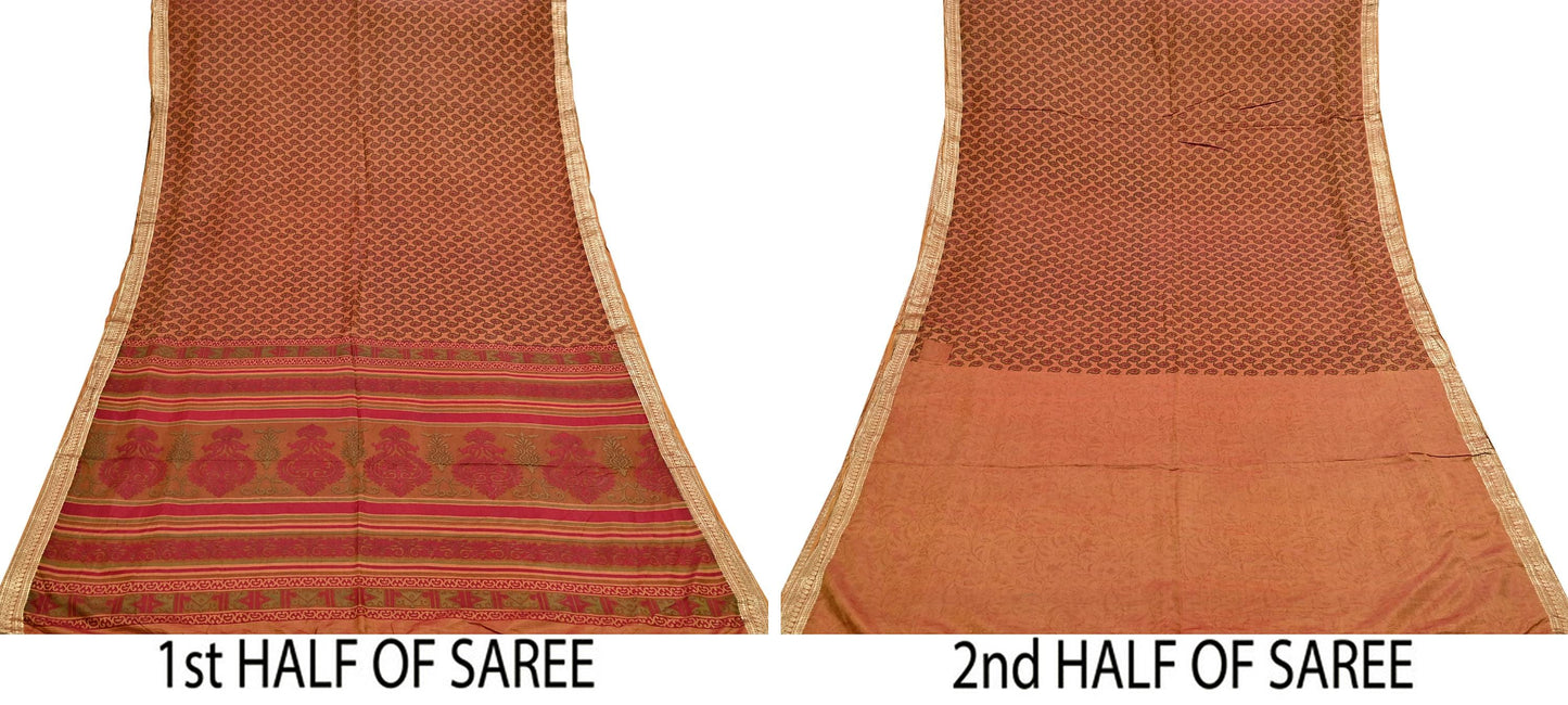 Indian Vintage Sari Red & Saffron 100% Pure Silk Printed Saree Craft Fabric 6yd Sewing Dress Making Soft Wrap Quilting Crafting Upcycle