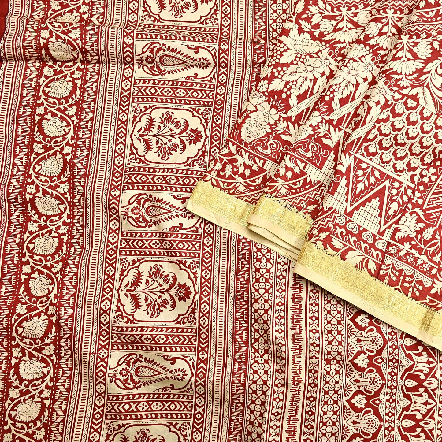 Indian Vintage Sari Rusty & Ivory 100% Pure Silk Printed Saree Craft Fabric 5yd Sewing Dress Making Soft Wrap Quilting Crafting Upcycle