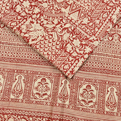 Indian Vintage Sari Rusty & Ivory 100% Pure Silk Printed Saree Craft Fabric 5yd Sewing Dress Making Soft Wrap Quilting Crafting Upcycle
