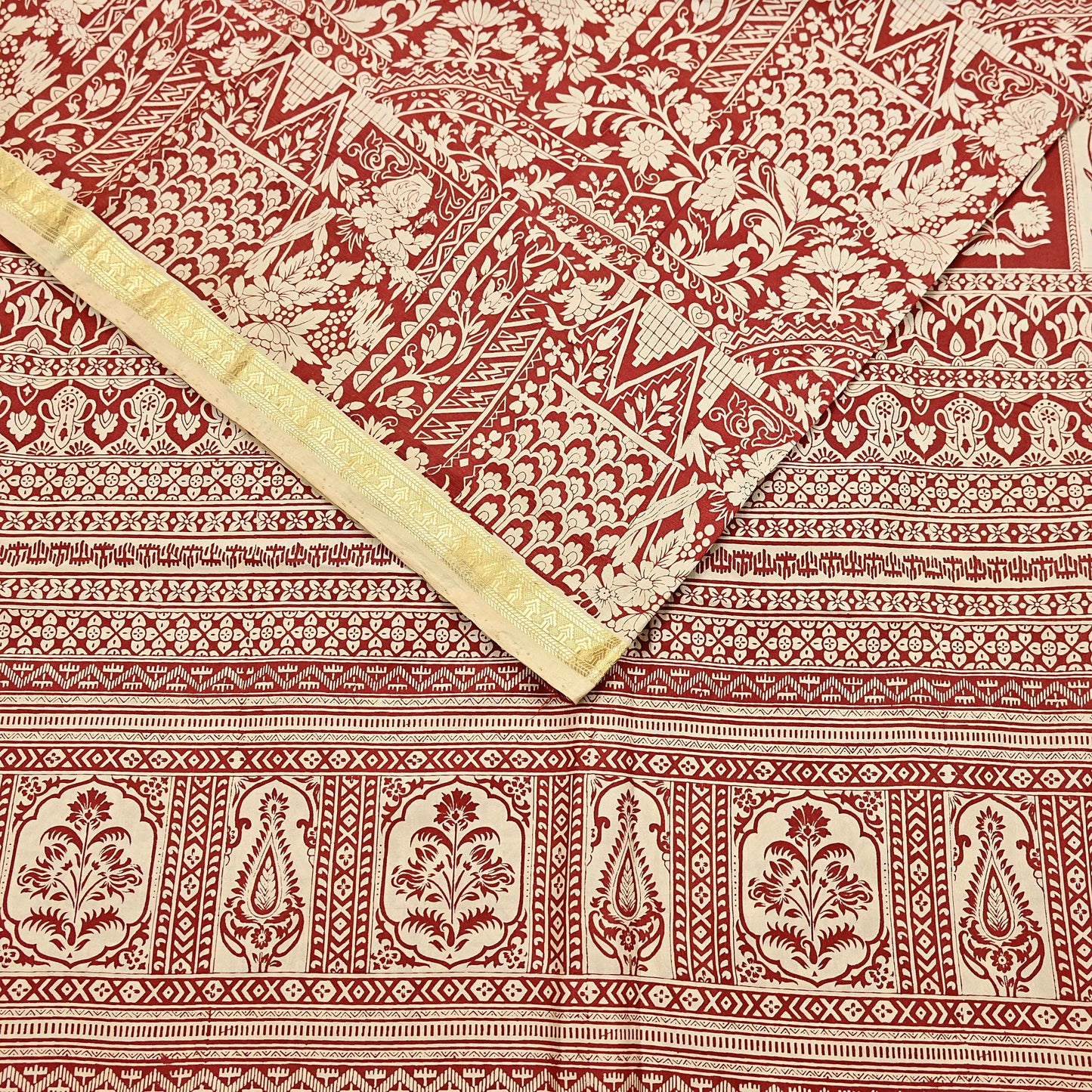 Indian Vintage Sari Rusty & Ivory 100% Pure Silk Printed Saree Craft Fabric 5yd Sewing Dress Making Soft Wrap Quilting Crafting Upcycle