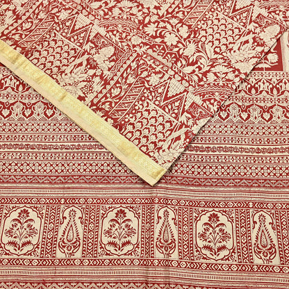 Indian Vintage Sari Rusty & Ivory 100% Pure Silk Printed Saree Craft Fabric 5yd Sewing Dress Making Soft Wrap Quilting Crafting Upcycle