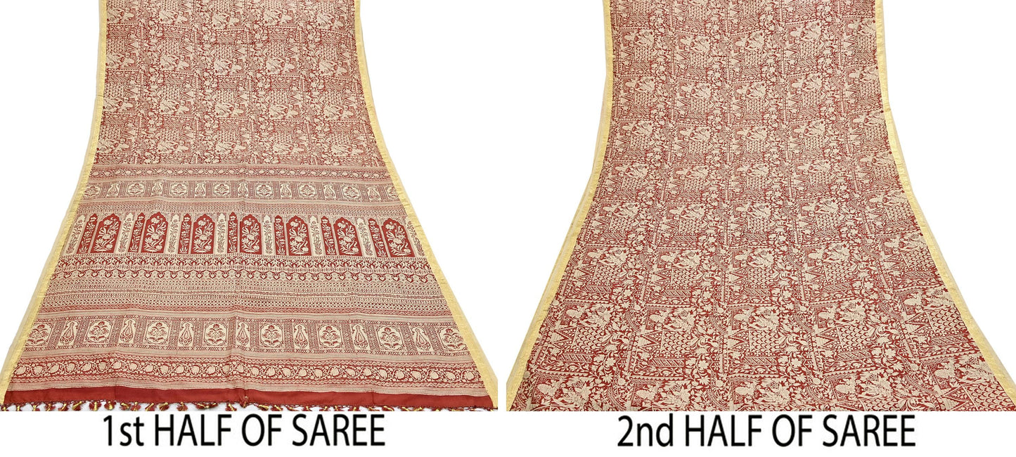 Indian Vintage Sari Rusty & Ivory 100% Pure Silk Printed Saree Craft Fabric 5yd Sewing Dress Making Soft Wrap Quilting Crafting Upcycle