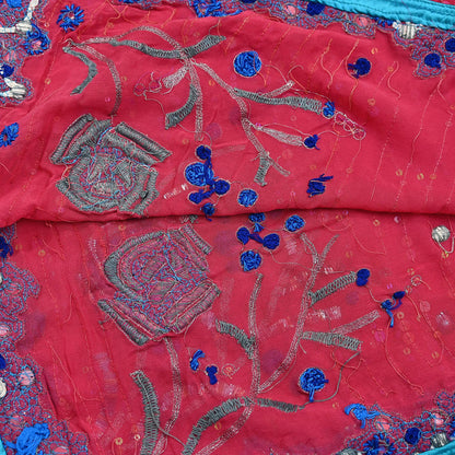 Indian Vintage Dupatta Pink Long Stole Pure Georgette Silk Hand Embroidered Scarves Veil Hijab Floral Zari Dabka Zardozi