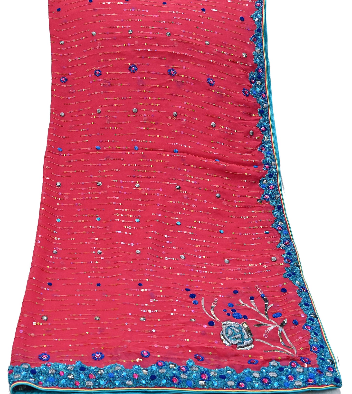 Indian Vintage Dupatta Pink Long Stole Pure Georgette Silk Hand Embroidered Scarves Veil Hijab Floral Zari Dabka Zardozi