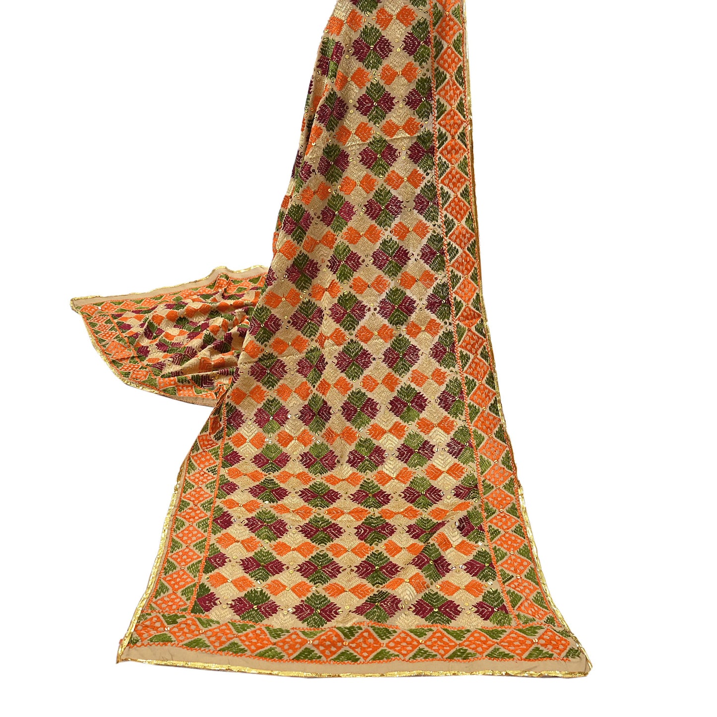Indian Vintage Dupatta beige pure cotton Long Stole Hand Embroidered Bagh Phulkari Stole Scarves Fringes Party wear