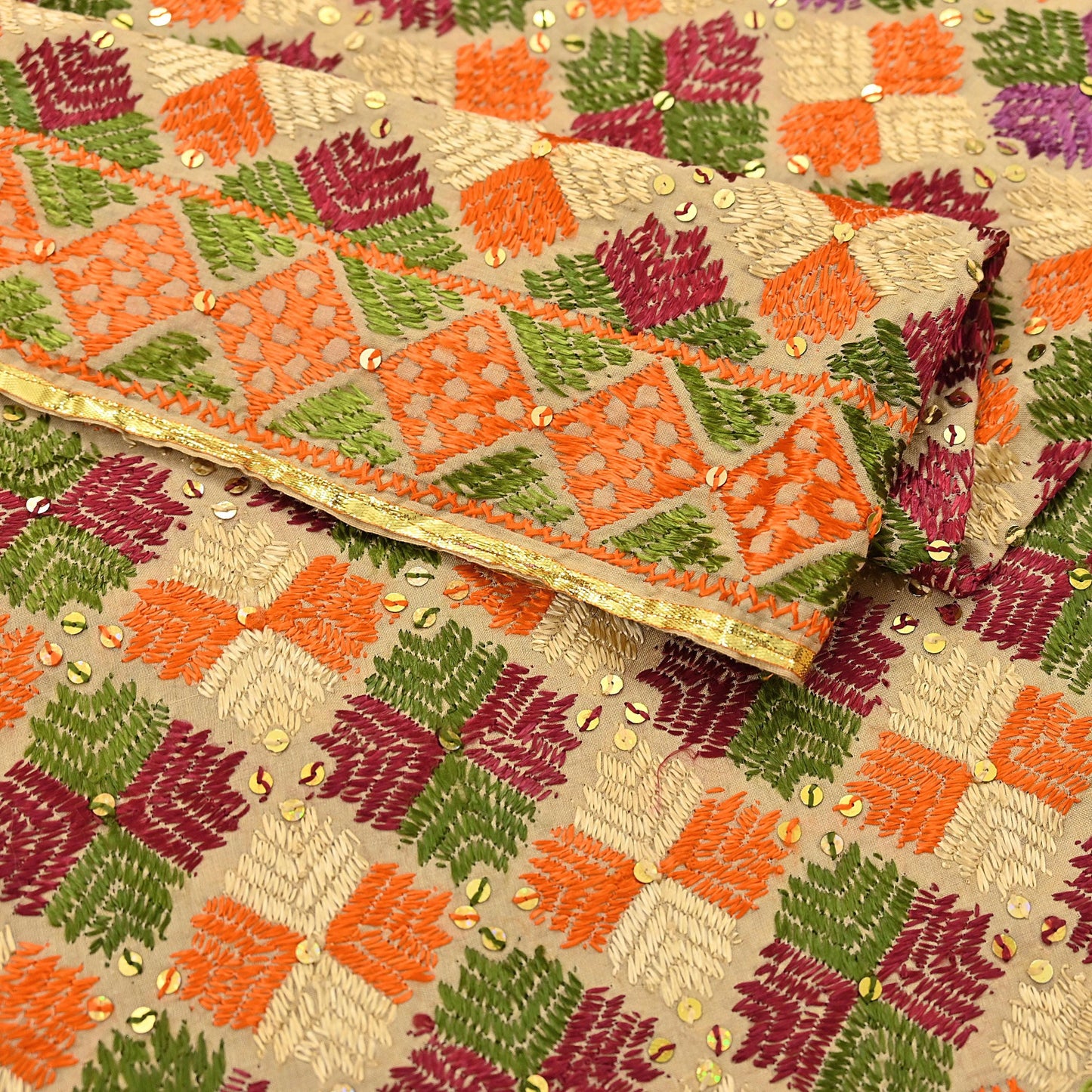 Indian Vintage Dupatta beige pure cotton Long Stole Hand Embroidered Bagh Phulkari Stole Scarves Fringes Party wear