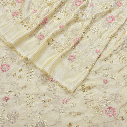 Indian new Ivory Gold Chanderi silk Embroidered Design Fabric glass beaded zari sequins Crafting Quilting Dress making Crafting