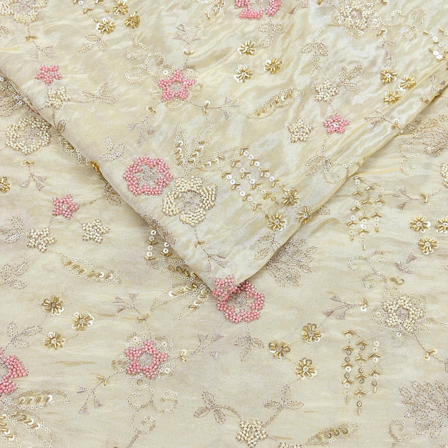 Indian new Ivory Gold Chanderi silk Embroidered Design Fabric glass beaded zari sequins Crafting Quilting Dress making Crafting