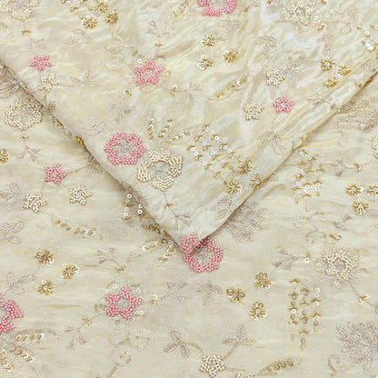 Indian new Ivory Gold Chanderi silk Embroidered Design Fabric glass beaded zari sequins Crafting Quilting Dress making Crafting