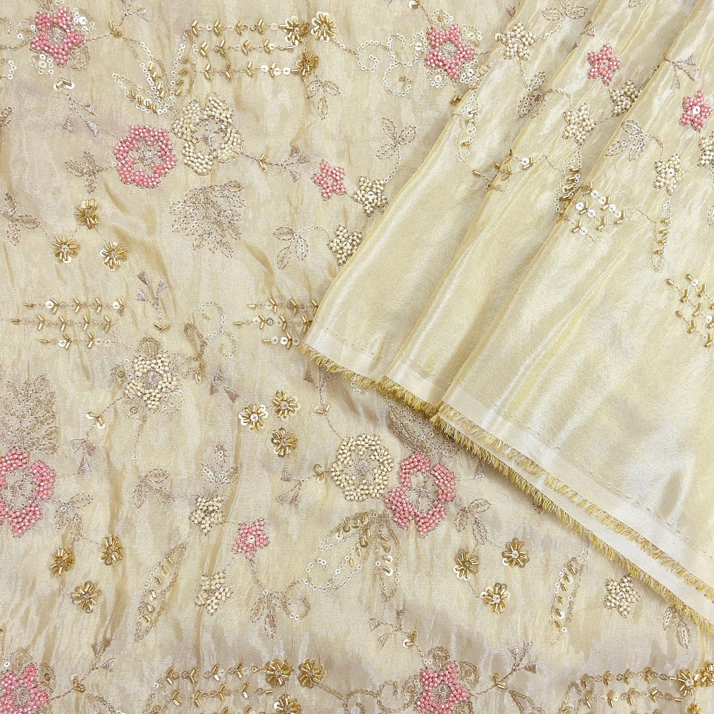 Indian new Ivory Gold Chanderi silk Embroidered Design Fabric glass beaded zari sequins Crafting Quilting Dress making Crafting