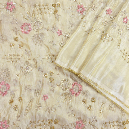 Indian new Ivory Gold Chanderi silk Embroidered Design Fabric glass beaded zari sequins Crafting Quilting Dress making Crafting