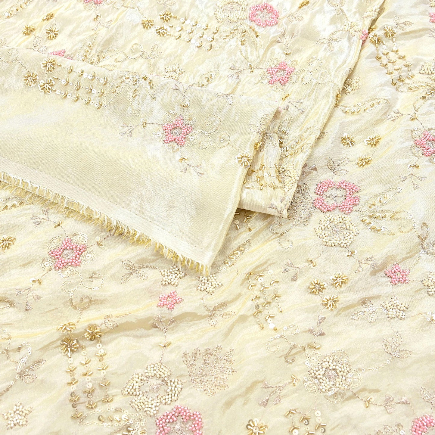 Indian new Ivory Gold Chanderi silk Embroidered Design Fabric glass beaded zari sequins Crafting Quilting Dress making Crafting