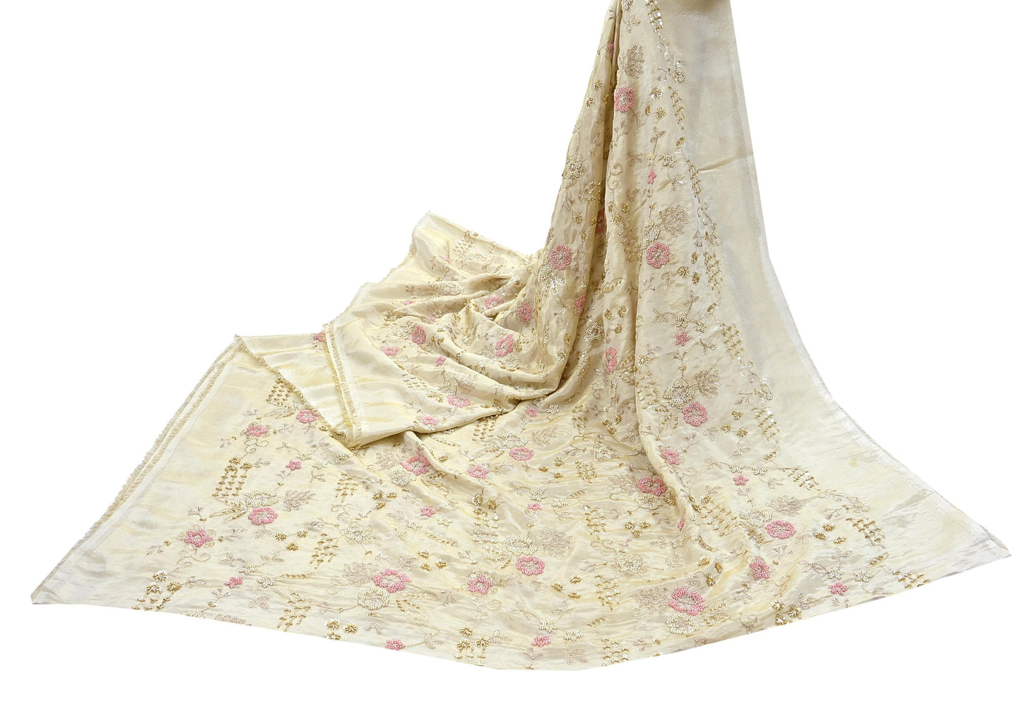 Indian new Ivory Gold Chanderi silk Embroidered Design Fabric glass beaded zari sequins Crafting Quilting Dress making Crafting
