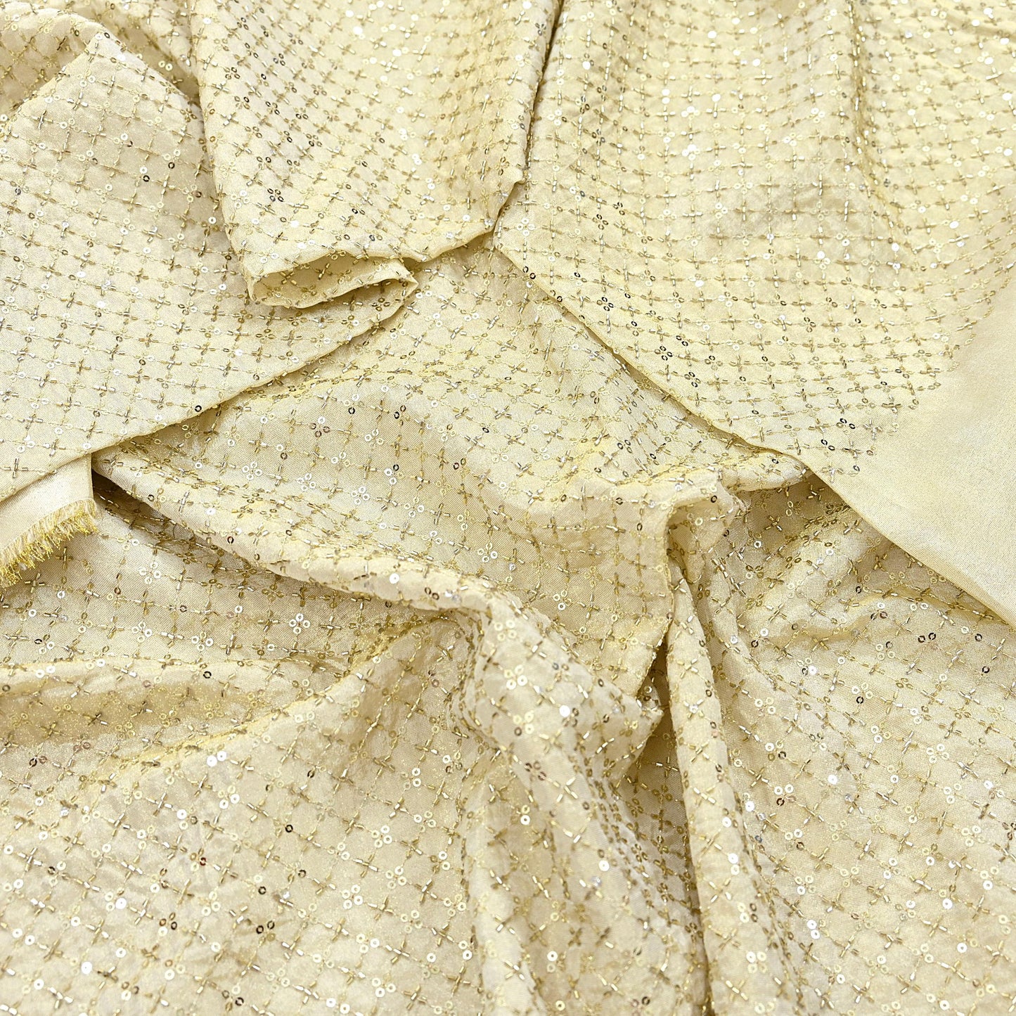 Indian new Ivory Gold Chanderi silk Embroidered Design Fabric glass beaded zari sequins Crafting Quilting Dress making Crafting