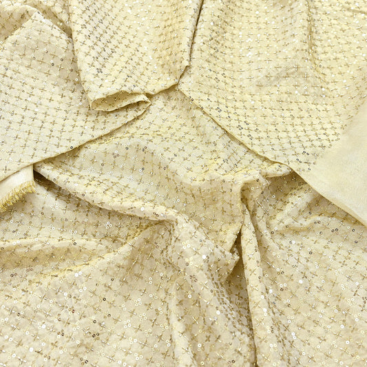 Indian new Ivory Gold Chanderi silk Embroidered Design Fabric glass beaded zari sequins Crafting Quilting Dress making Crafting