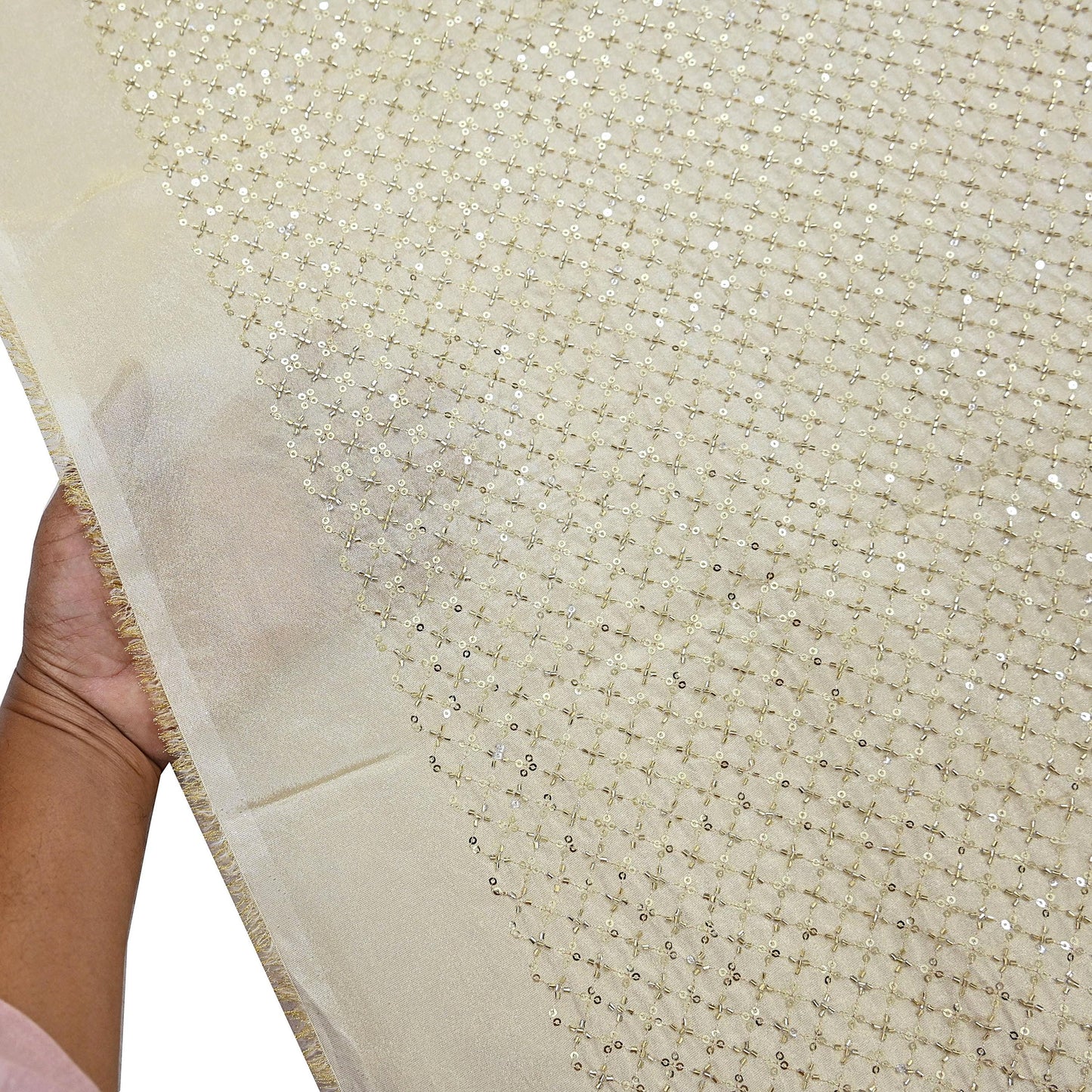 Indian new Ivory Gold Chanderi silk Embroidered Design Fabric glass beaded zari sequins Crafting Quilting Dress making Crafting