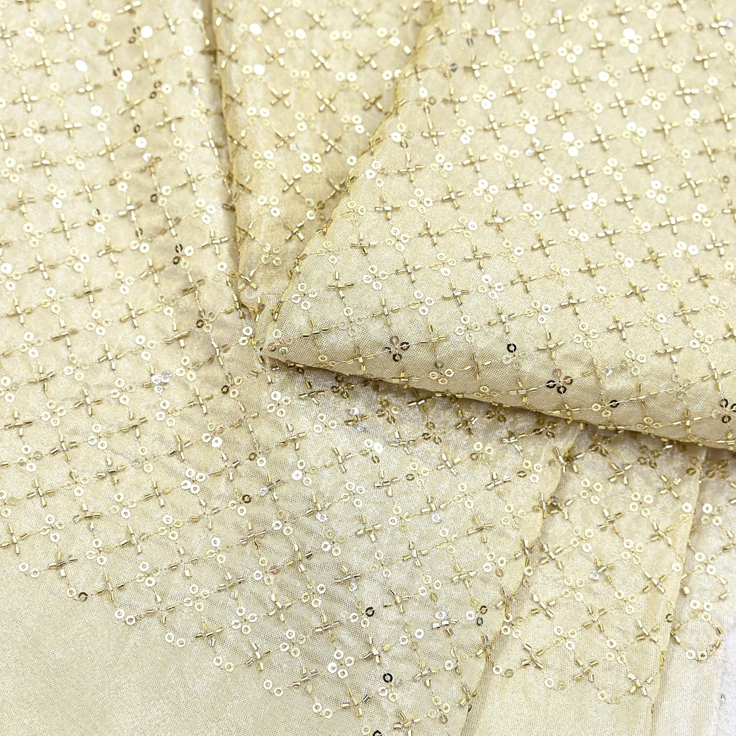 Indian new Ivory Gold Chanderi silk Embroidered Design Fabric glass beaded zari sequins Crafting Quilting Dress making Crafting