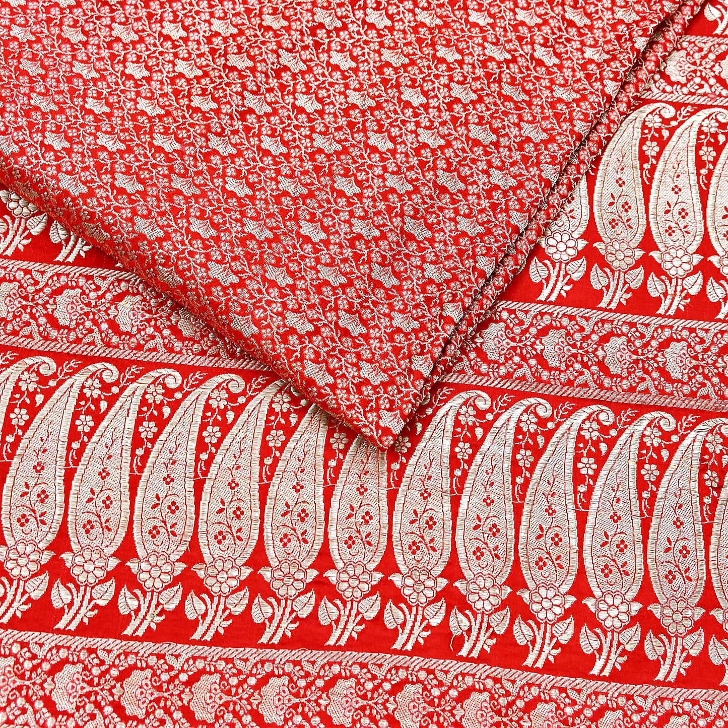 Indian Vintage Sari Hot Red Heavy Wedding Pure Satin Silk Woven Banarasi Brocade Saree Zari 5Yd Craft Fabric Ethnic Dress making Crafting