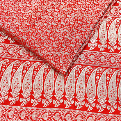 Indian Vintage Sari Hot Red Heavy Wedding Pure Satin Silk Woven Banarasi Brocade Saree Zari 5Yd Craft Fabric Ethnic Dress making Crafting