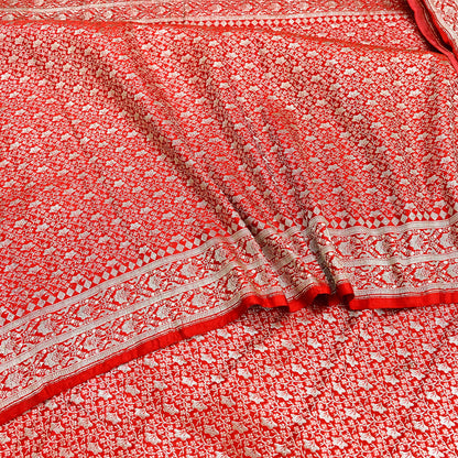 Indian Vintage Sari Hot Red Heavy Wedding Pure Satin Silk Woven Banarasi Brocade Saree Zari 5Yd Craft Fabric Ethnic Dress making Crafting