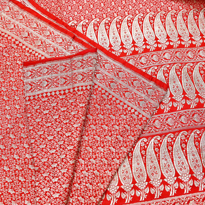 Indian Vintage Sari Hot Red Heavy Wedding Pure Satin Silk Woven Banarasi Brocade Saree Zari 5Yd Craft Fabric Ethnic Dress making Crafting