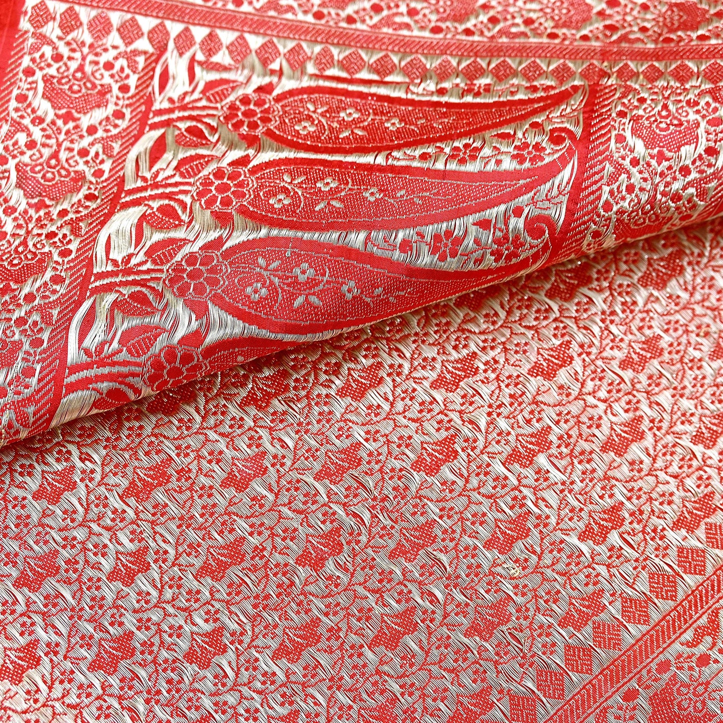 Indian Vintage Sari Hot Red Heavy Wedding Pure Satin Silk Woven Banarasi Brocade Saree Zari 5Yd Craft Fabric Ethnic Dress making Crafting