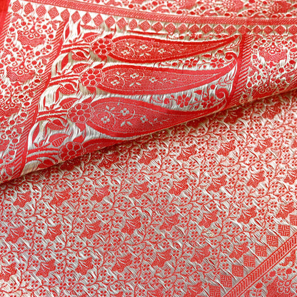 Indian Vintage Sari Hot Red Heavy Wedding Pure Satin Silk Woven Banarasi Brocade Saree Zari 5Yd Craft Fabric Ethnic Dress making Crafting