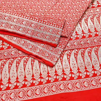 Indian Vintage Sari Hot Red Heavy Wedding Pure Satin Silk Woven Banarasi Brocade Saree Zari 5Yd Craft Fabric Ethnic Dress making Crafting