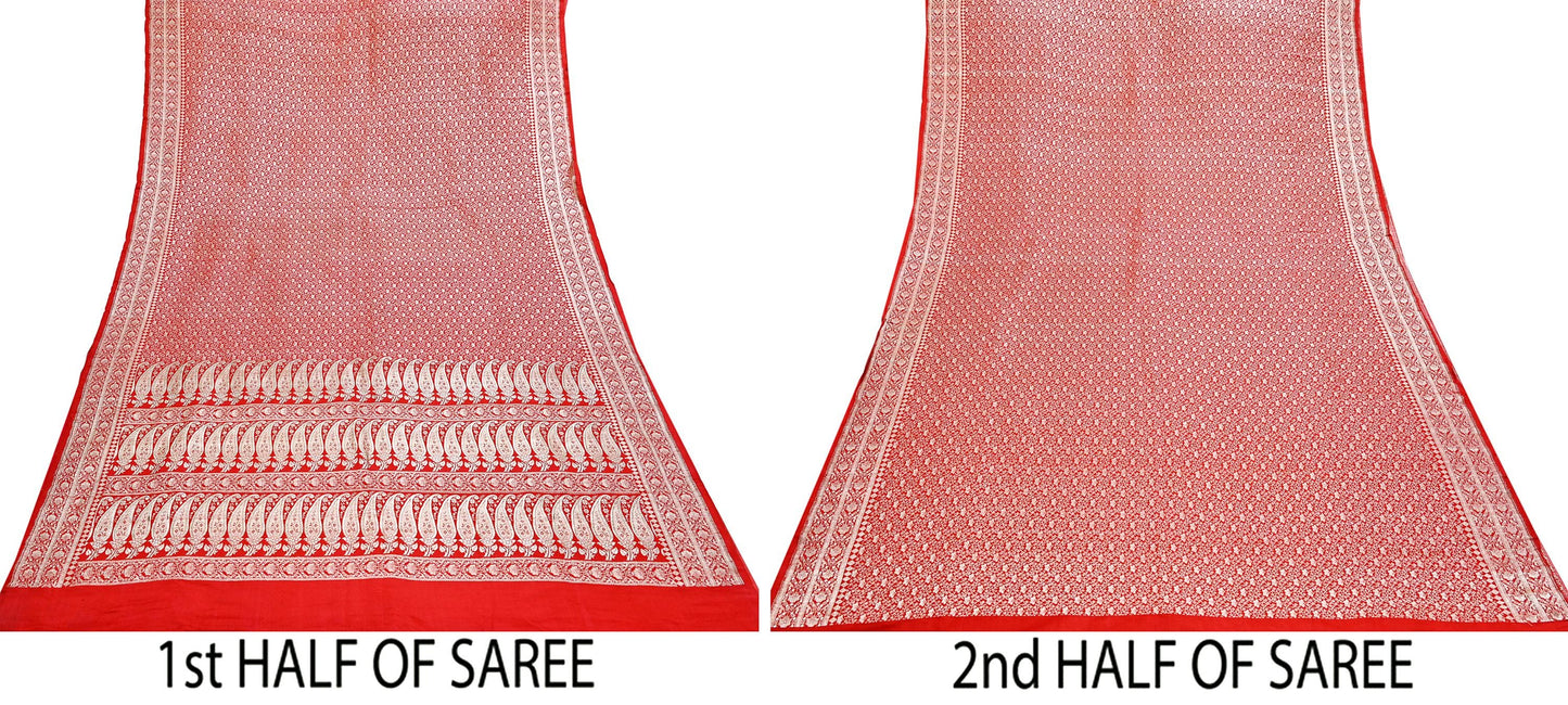 Indian Vintage Sari Hot Red Heavy Wedding Pure Satin Silk Woven Banarasi Brocade Saree Zari 5Yd Craft Fabric Ethnic Dress making Crafting