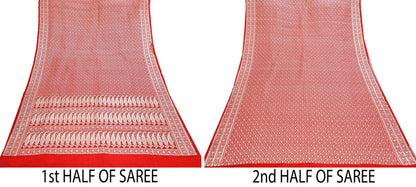 Indian Vintage Sari Hot Red Heavy Wedding Pure Satin Silk Woven Banarasi Brocade Saree Zari 5Yd Craft Fabric Ethnic Dress making Crafting