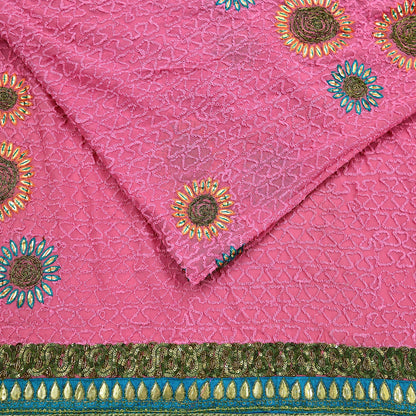 Indian Vintage Heavy Sarees Pink Pure Georgette Silk Hand Embroidered Sari Fabric 6Yd Sewing Ethnic Zardozi/dabka zari Wedding sarees