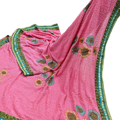 Indian Vintage Heavy Sarees Pink Pure Georgette Silk Hand Embroidered Sari Fabric 6Yd Sewing Ethnic Zardozi/dabka zari Wedding sarees