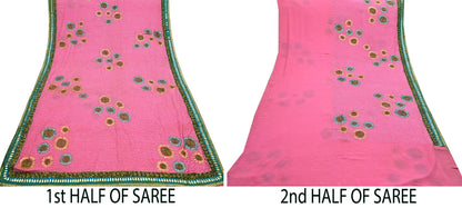 Indian Vintage Heavy Sarees Pink Pure Georgette Silk Hand Embroidered Sari Fabric 6Yd Sewing Ethnic Zardozi/dabka zari Wedding sarees