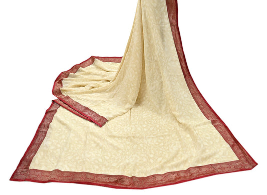 Indian Vintage Sari Printed 100% Pure Georgette Silk Saree Craft Fabric 5Yd Ethnic Soft Dress making For Crafting Quilting Banarasi border