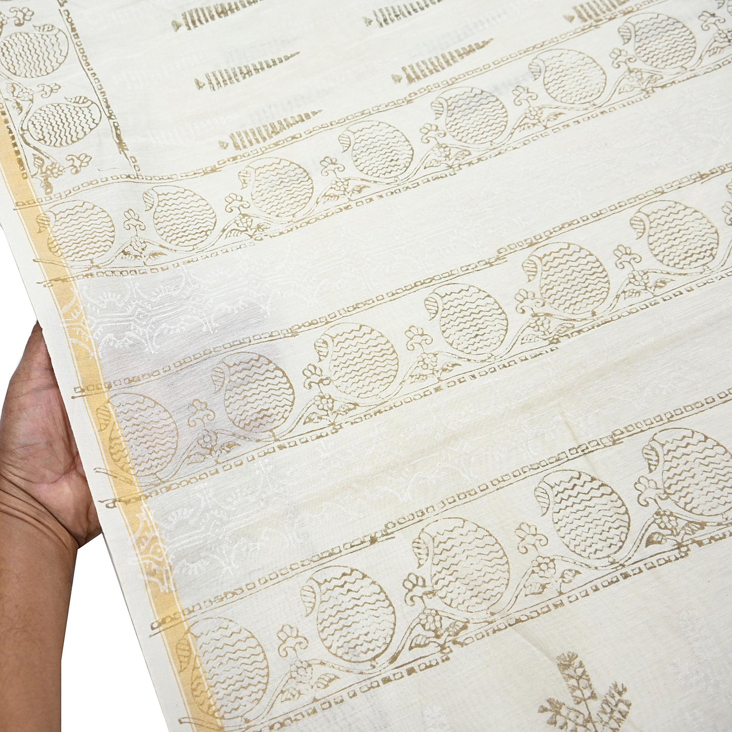 Indian Vintage Sari Ivory Block Painted Pure Cotton Saree Craft Fabric 5Yd Sewing Sarong Wrap Boho Floral Crafting Upcycle Quilting Zari